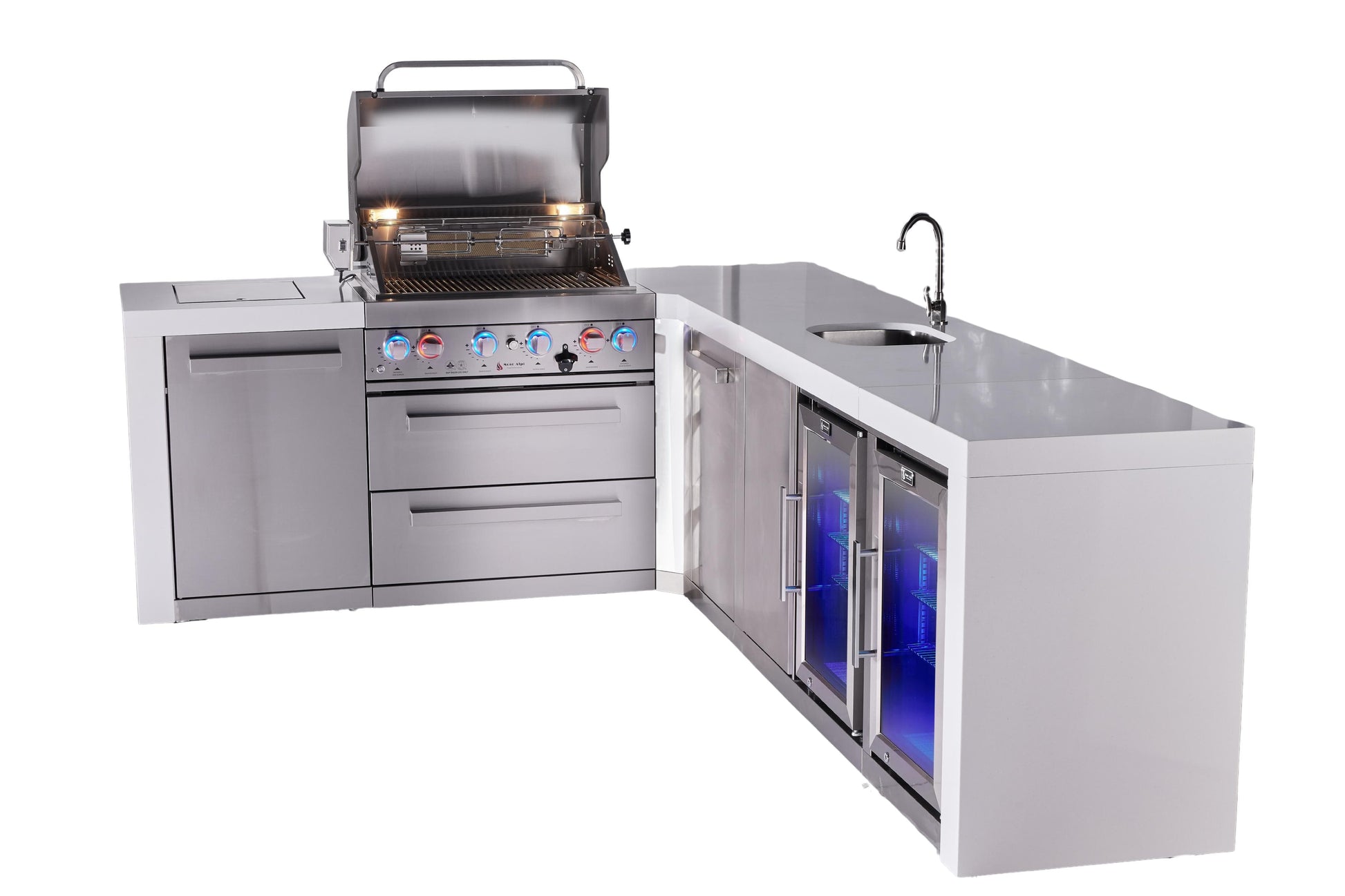 Mont Alpi Islands Mont Alpi 400 Deluxe Island with 90 Degree Corner, Beverage Center, Fridge Cabinet, and Extra Storage Cabinet | 4-Burner Grill, Sink, 2 Fridges, Stainless Steel | MAi400-D90BEVFCXL
