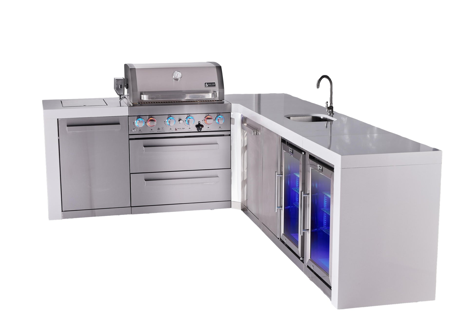 Mont Alpi Islands Mont Alpi 400 Deluxe Island with 90 Degree Corner, Beverage Center, Fridge Cabinet, and Extra Storage Cabinet | 4-Burner Grill, Sink, 2 Fridges, Stainless Steel | MAi400-D90BEVFCXL