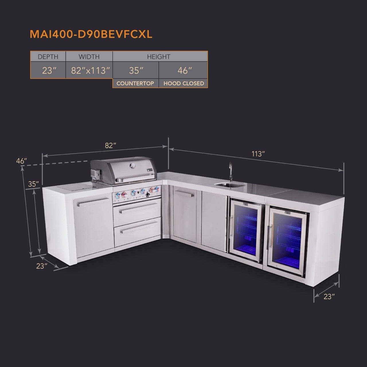 Mont Alpi Islands Mont Alpi 400 Deluxe Island with 90 Degree Corner, Beverage Center, Fridge Cabinet, and Extra Storage Cabinet | 4-Burner Grill, Sink, 2 Fridges, Stainless Steel | MAi400-D90BEVFCXL