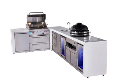 Mont Alpi Islands Mont Alpi 400 Deluxe Island with 90 Degree Corner, Beverage Center, Fridge Cabinet, Kamado Grill, and Drawer Cabinet | 4-Burner Grill, 3 Drawers Sink, 2 Fridges, Stainless Steel | MAi400-D90BEVFCKAMDR
