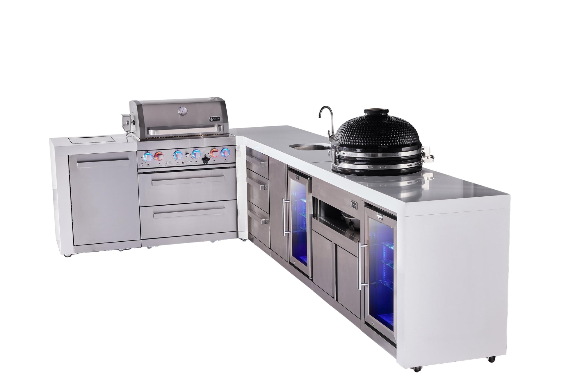 Mont Alpi Islands Mont Alpi 400 Deluxe Island with 90 Degree Corner, Beverage Center, Fridge Cabinet, Kamado Grill, and Drawer Cabinet | 4-Burner Grill, 3 Drawers Sink, 2 Fridges, Stainless Steel | MAi400-D90BEVFCKAMDR