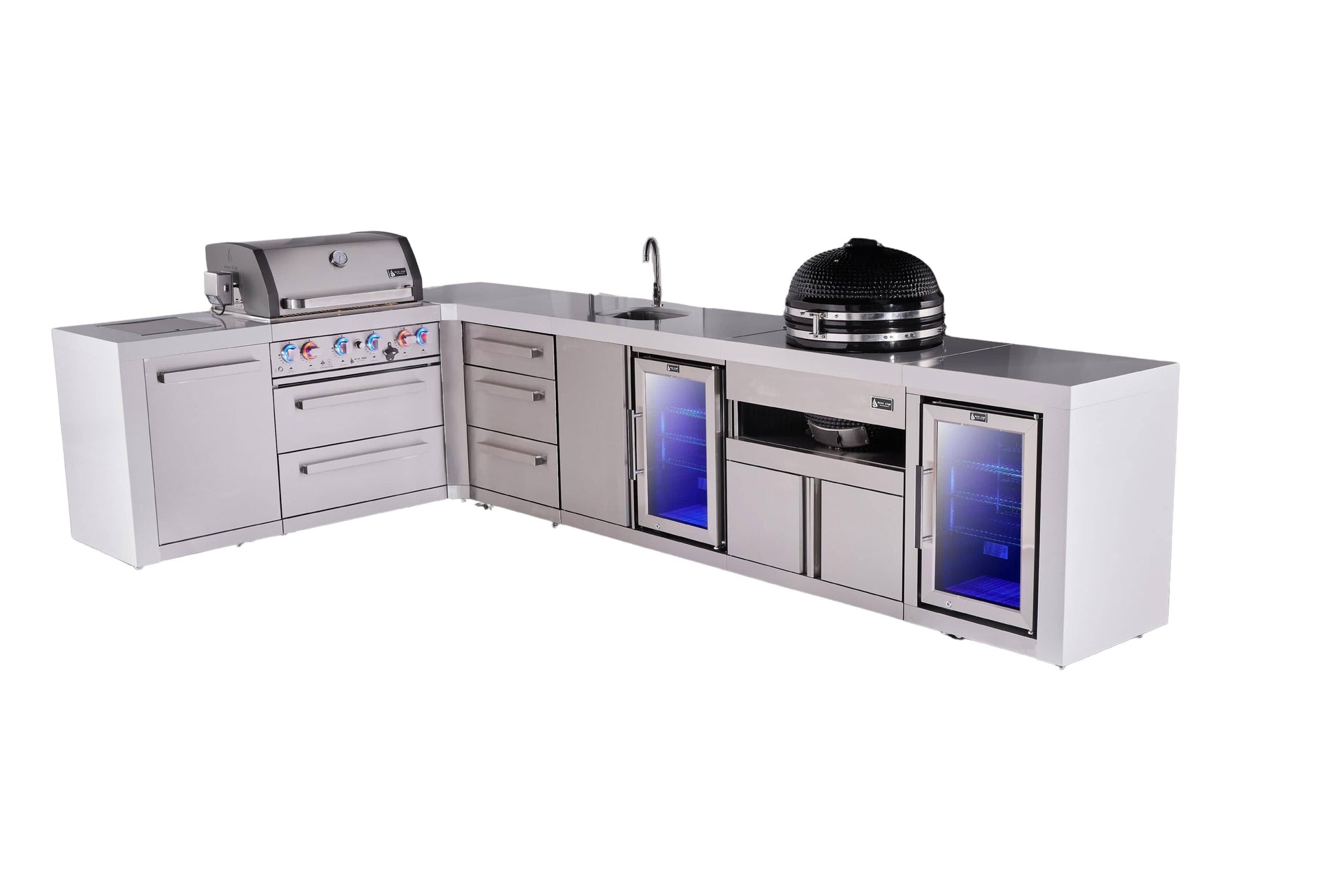 Mont Alpi Islands Mont Alpi 400 Deluxe Island with 90 Degree Corner, Beverage Center, Fridge Cabinet, Kamado Grill, and Drawer Cabinet | 4-Burner Grill, 3 Drawers Sink, 2 Fridges, Stainless Steel | MAi400-D90BEVFCKAMDR