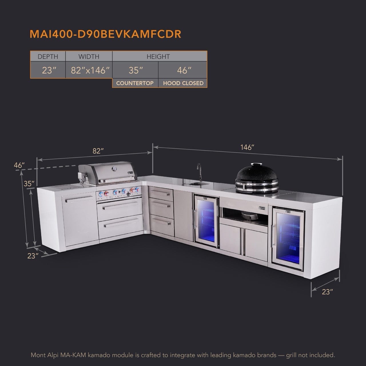 Mont Alpi Islands Mont Alpi 400 Deluxe Island with 90 Degree Corner, Beverage Center, Fridge Cabinet, Kamado Grill, and Drawer Cabinet | 4-Burner Grill, 3 Drawers Sink, 2 Fridges, Stainless Steel | MAi400-D90BEVFCKAMDR