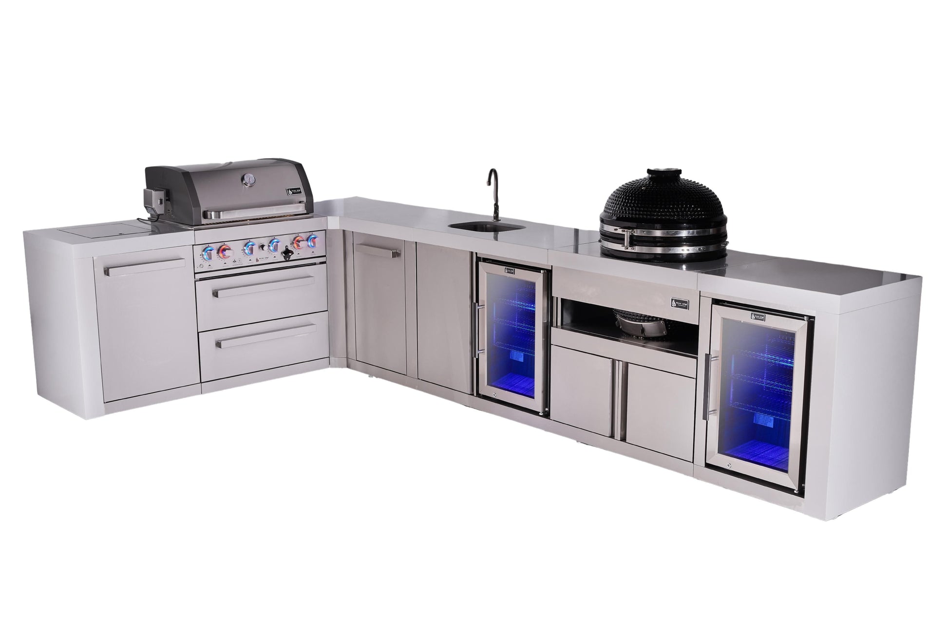 Mont Alpi Islands Mont Alpi 400 Deluxe Island with 90 Degree Corner, Beverage Center, Fridge Cabinet, Kamado Grill, and Extra Storage Cabinet | 4-Burner Grill, Sink, 2 Fridges, Stainless Steel | MAi400-D90BEVFCKAMXL