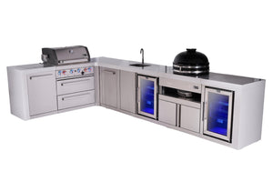Mont Alpi Islands Mont Alpi 400 Deluxe Island with 90 Degree Corner, Beverage Center, Fridge Cabinet, Kamado Grill, and Extra Storage Cabinet | 4-Burner Grill, Sink, 2 Fridges, Stainless Steel | MAi400-D90BEVFCKAMXL