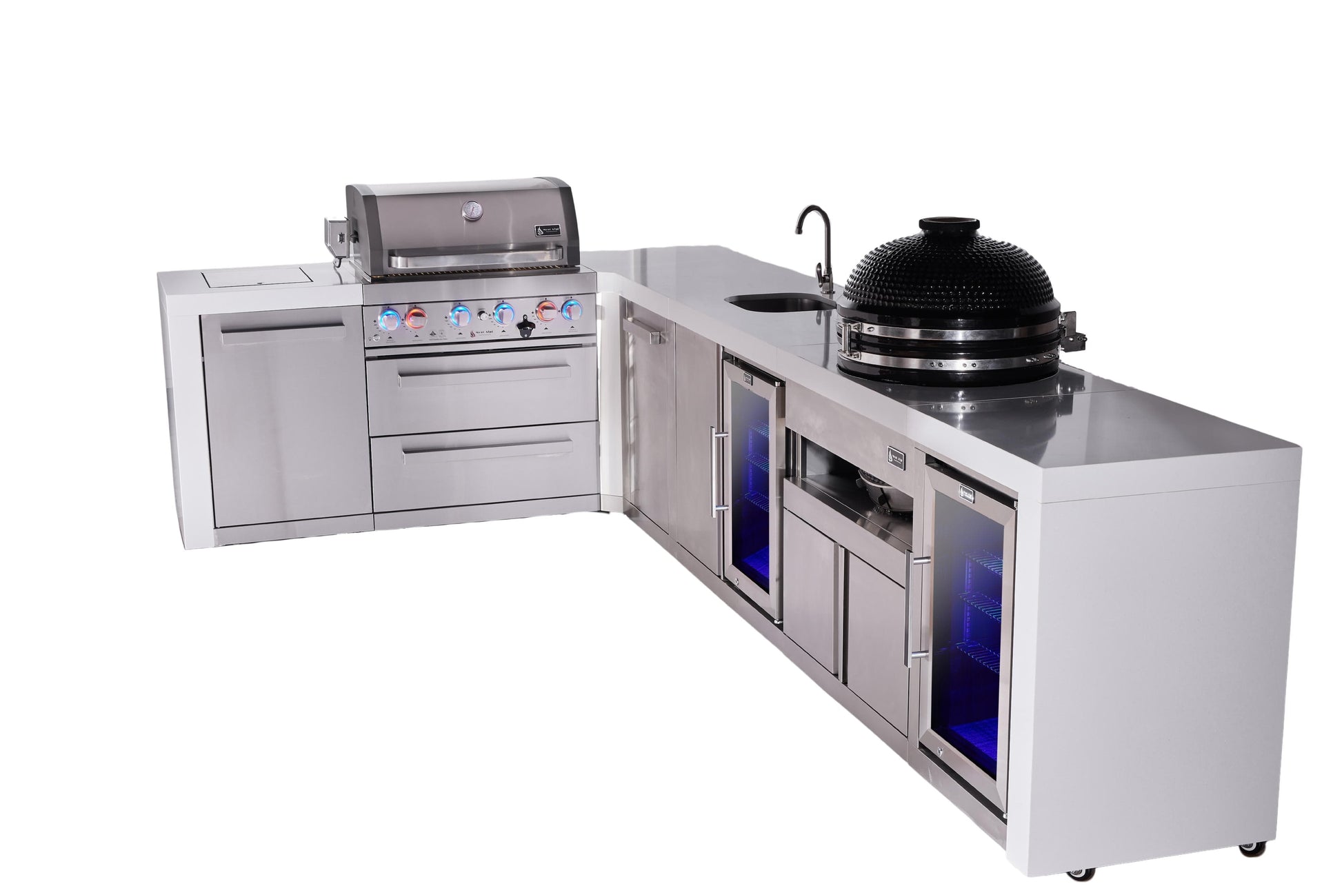 Mont Alpi Islands Mont Alpi 400 Deluxe Island with 90 Degree Corner, Beverage Center, Fridge Cabinet, Kamado Grill, and Extra Storage Cabinet | 4-Burner Grill, Sink, 2 Fridges, Stainless Steel | MAi400-D90BEVFCKAMXL