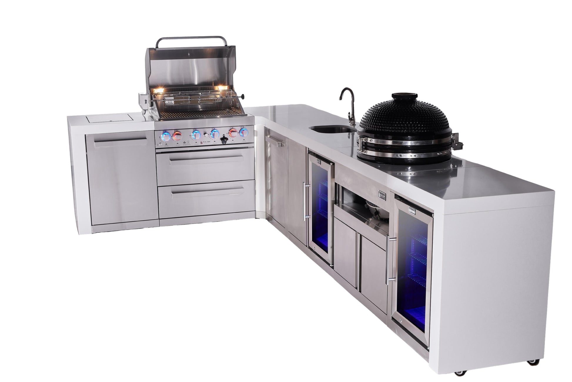 Mont Alpi Islands Mont Alpi 400 Deluxe Island with 90 Degree Corner, Beverage Center, Fridge Cabinet, Kamado Grill, and Extra Storage Cabinet | 4-Burner Grill, Sink, 2 Fridges, Stainless Steel | MAi400-D90BEVFCKAMXL