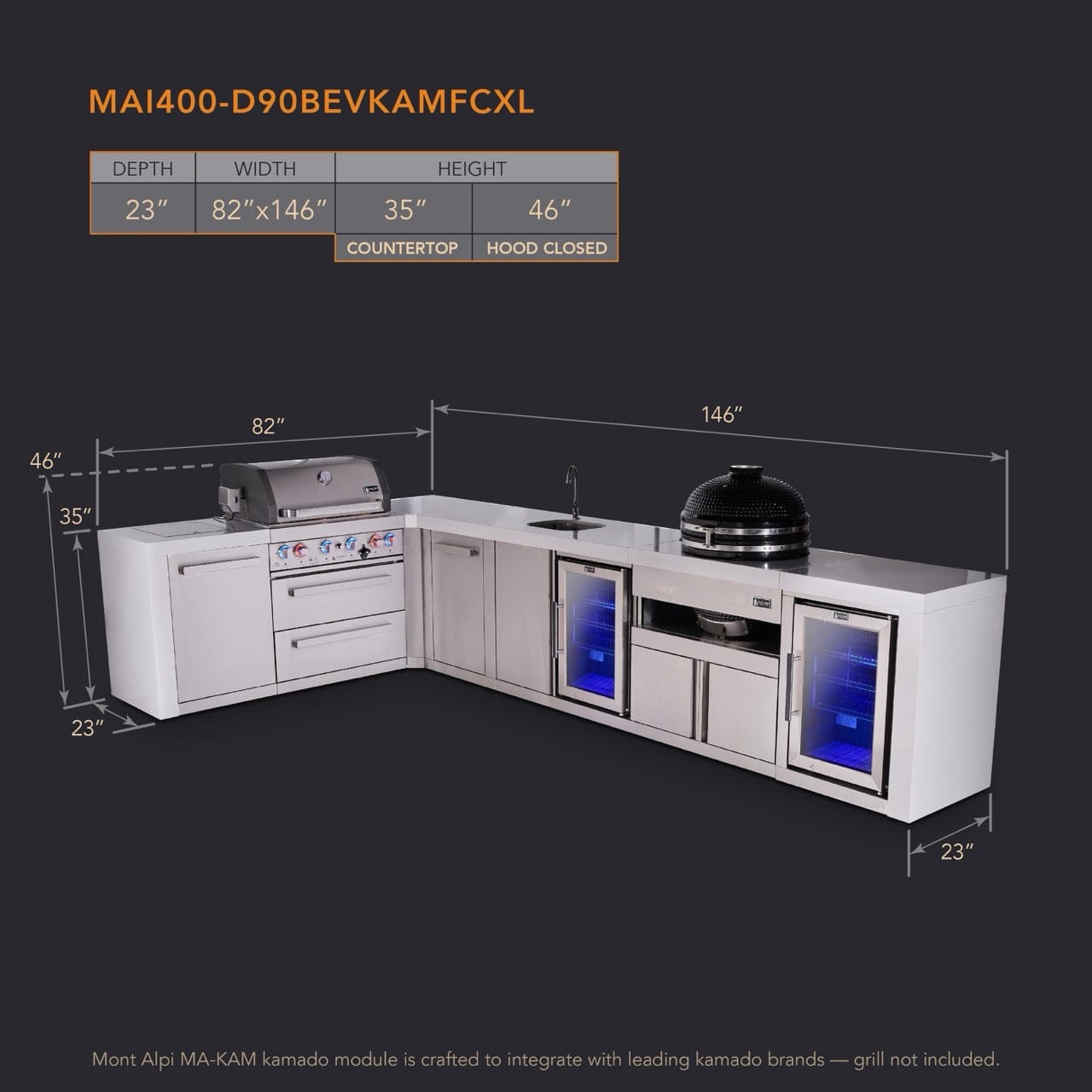 Mont Alpi Islands Mont Alpi 400 Deluxe Island with 90 Degree Corner, Beverage Center, Fridge Cabinet, Kamado Grill, and Extra Storage Cabinet | 4-Burner Grill, Sink, 2 Fridges, Stainless Steel | MAi400-D90BEVFCKAMXL