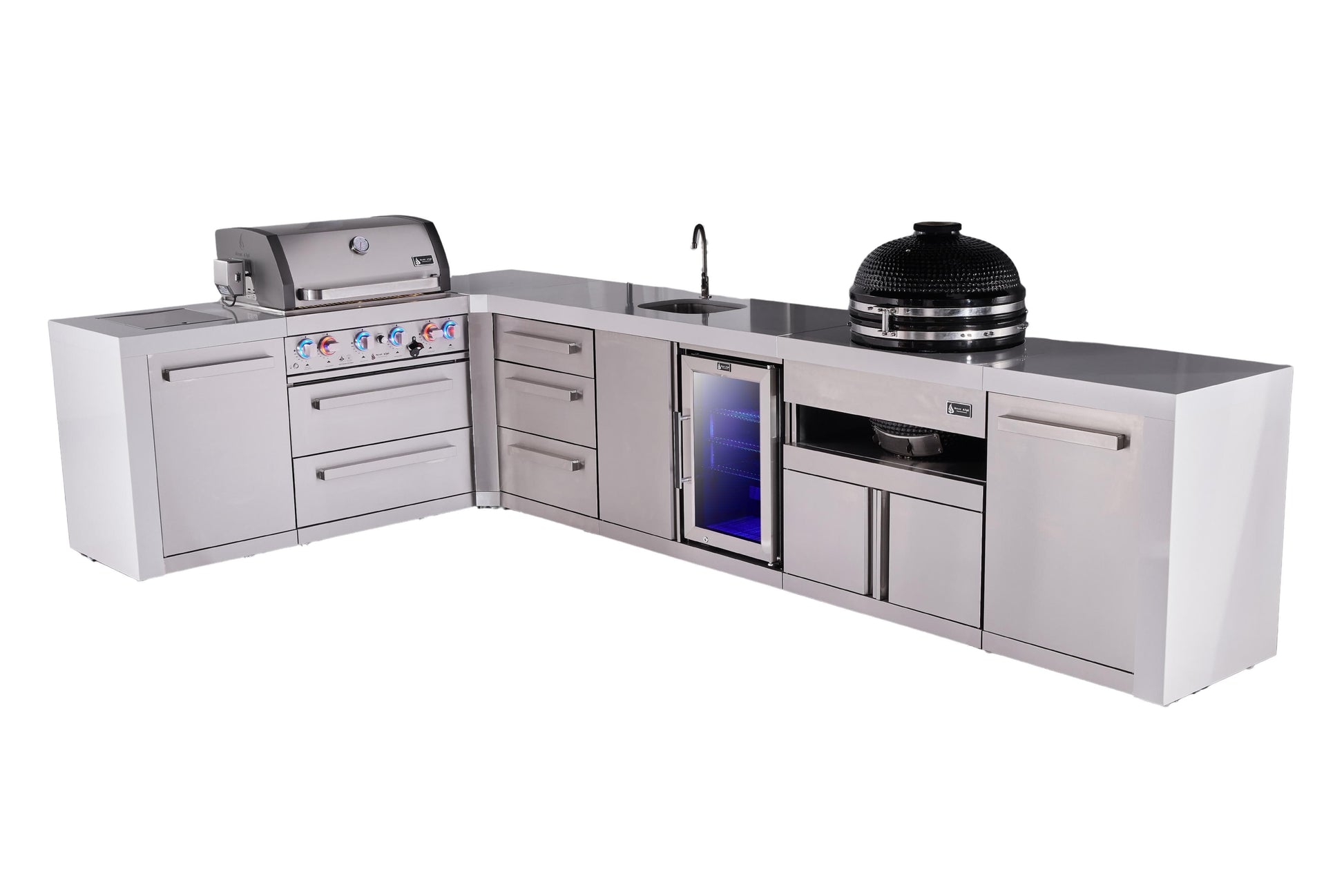 Mont Alpi Islands Mont Alpi 400 Deluxe Island with 90 Degree Corner, Beverage Center, Kamado Grill, and Drawer Cabinet | 4-Burner Grill, 3 Drawers, Sink, Fridge, Stainless Steel | MAi400-D90BEVKAMDR
