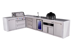 Mont Alpi Islands Mont Alpi 400 Deluxe Island with 90 Degree Corner, Beverage Center, Kamado Grill, and Drawer Cabinet | 4-Burner Grill, 3 Drawers, Sink, Fridge, Stainless Steel | MAi400-D90BEVKAMDR
