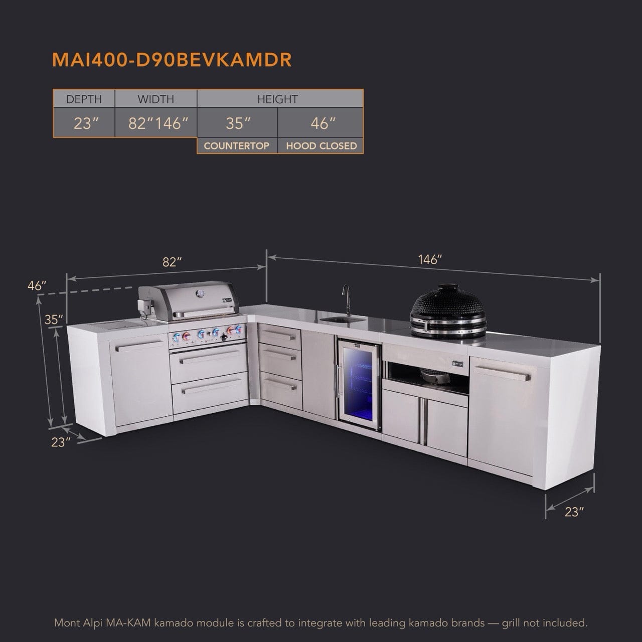 Mont Alpi Islands Mont Alpi 400 Deluxe Island with 90 Degree Corner, Beverage Center, Kamado Grill, and Drawer Cabinet | 4-Burner Grill, 3 Drawers, Sink, Fridge, Stainless Steel | MAi400-D90BEVKAMDR