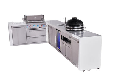 Mont Alpi Islands Mont Alpi 400 Deluxe Island with 90 Degree Corner, Beverage Center, Kamado Grill, and Extra Storage Cabinet | 4-Burner Grill, Sink, Fridge, Stainless Steel | MAi400-D90BEVKAMXL