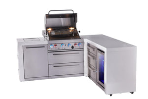 Mont Alpi Islands Mont Alpi 400 Deluxe Island with 90 Degree Corner, Fridge Cabinet, and Drawer Cabinet | 4-Burner Grill, 3 Drawers, Fridge, Stainless Steel | MAi400-D90FCDR