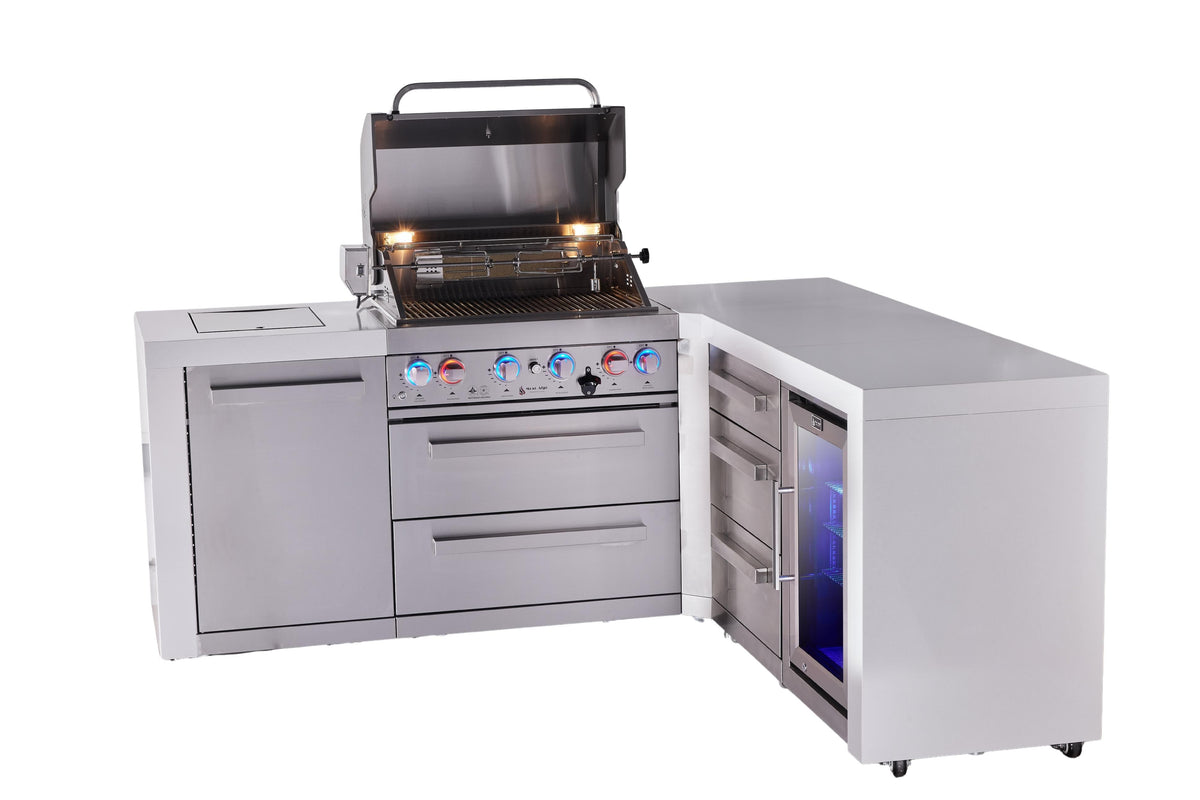 Mont Alpi Islands Mont Alpi 400 Deluxe Island with 90 Degree Corner, Fridge Cabinet, and Drawer Cabinet | 4-Burner Grill, 3 Drawers, Fridge, Stainless Steel | MAi400-D90FCDR