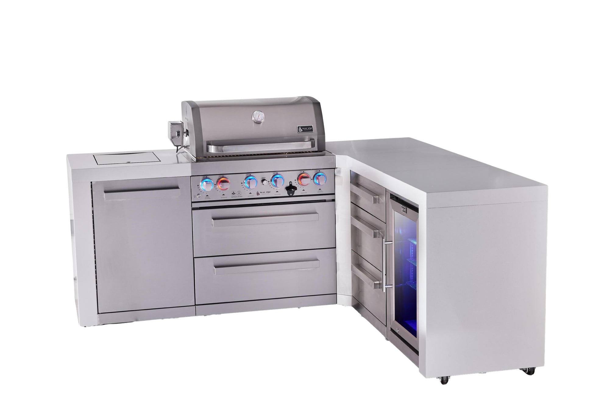 Mont Alpi Islands Mont Alpi 400 Deluxe Island with 90 Degree Corner, Fridge Cabinet, and Drawer Cabinet | 4-Burner Grill, 3 Drawers, Fridge, Stainless Steel | MAi400-D90FCDR