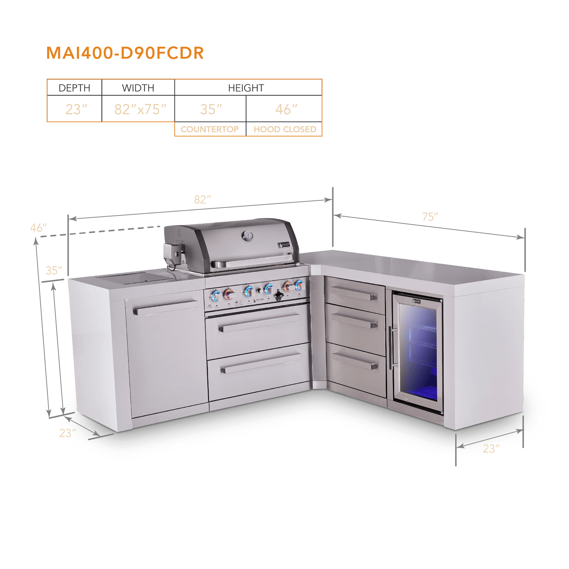 Mont Alpi Islands Mont Alpi 400 Deluxe Island with 90 Degree Corner, Fridge Cabinet, and Drawer Cabinet | 4-Burner Grill, 3 Drawers, Fridge, Stainless Steel | MAi400-D90FCDR