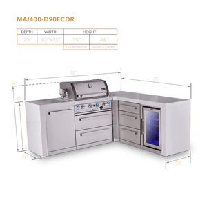 Mont Alpi Islands Mont Alpi 400 Deluxe Island with 90 Degree Corner, Fridge Cabinet, and Drawer Cabinet | 4-Burner Grill, 3 Drawers, Fridge, Stainless Steel | MAi400-D90FCDR