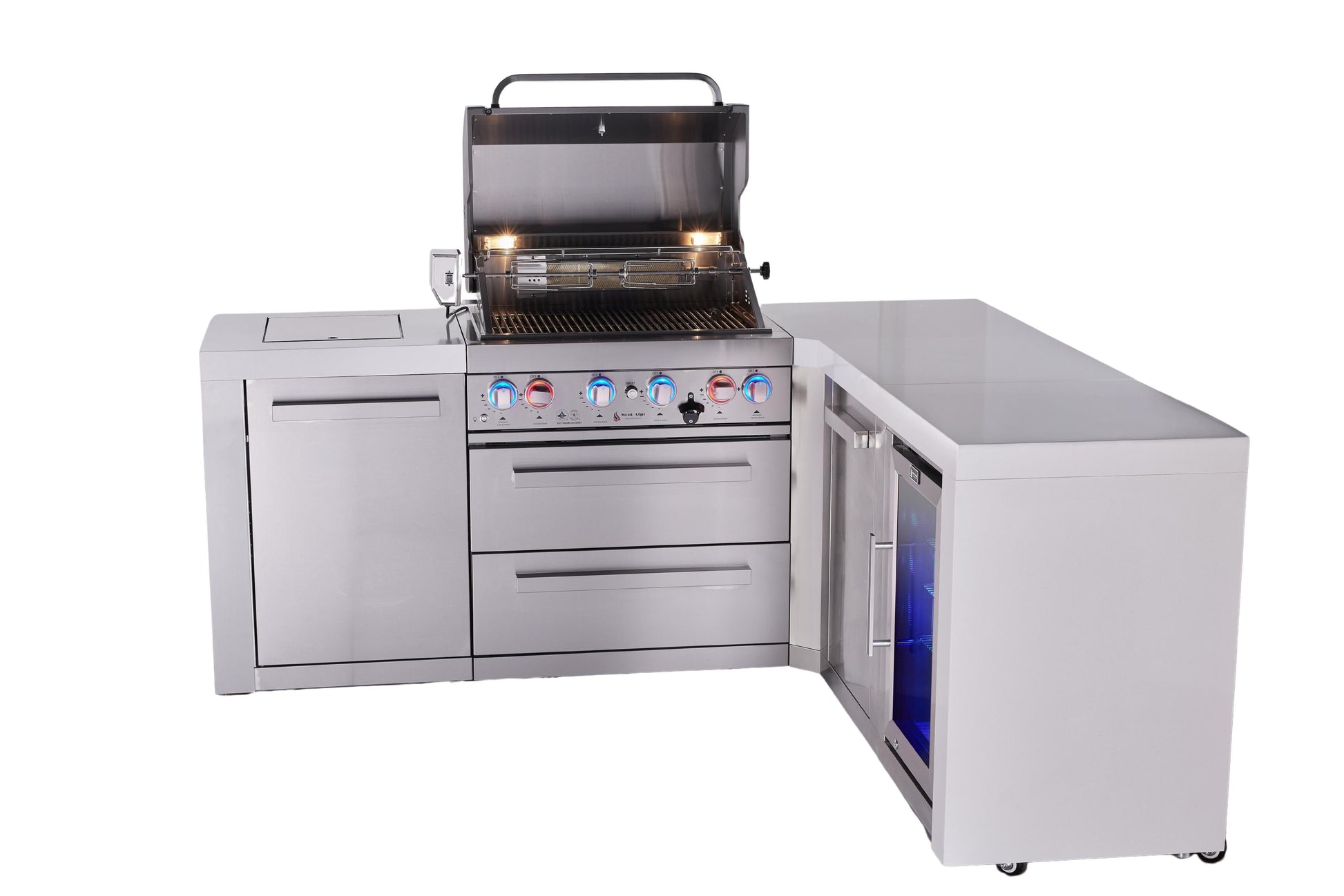 Mont Alpi Islands Mont Alpi 400 Deluxe Island with 90 Degree Corner, Fridge Cabinet and Extra Storage Cabinet | 4-Burner Grill, Fridge, Stainless Steel | MAi400-D90FCXL