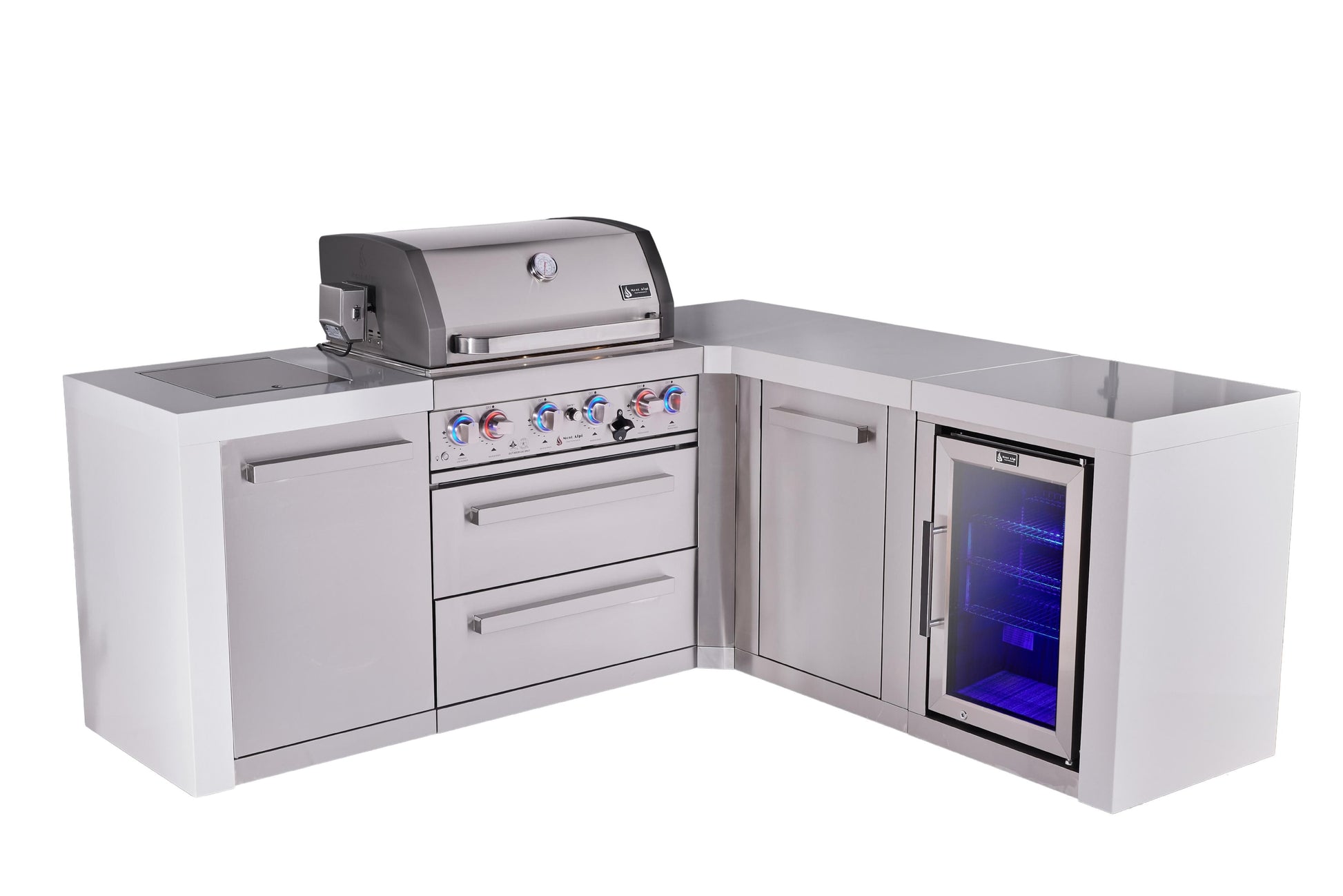 Mont Alpi Islands Mont Alpi 400 Deluxe Island with 90 Degree Corner, Fridge Cabinet and Extra Storage Cabinet | 4-Burner Grill, Fridge, Stainless Steel | MAi400-D90FCXL