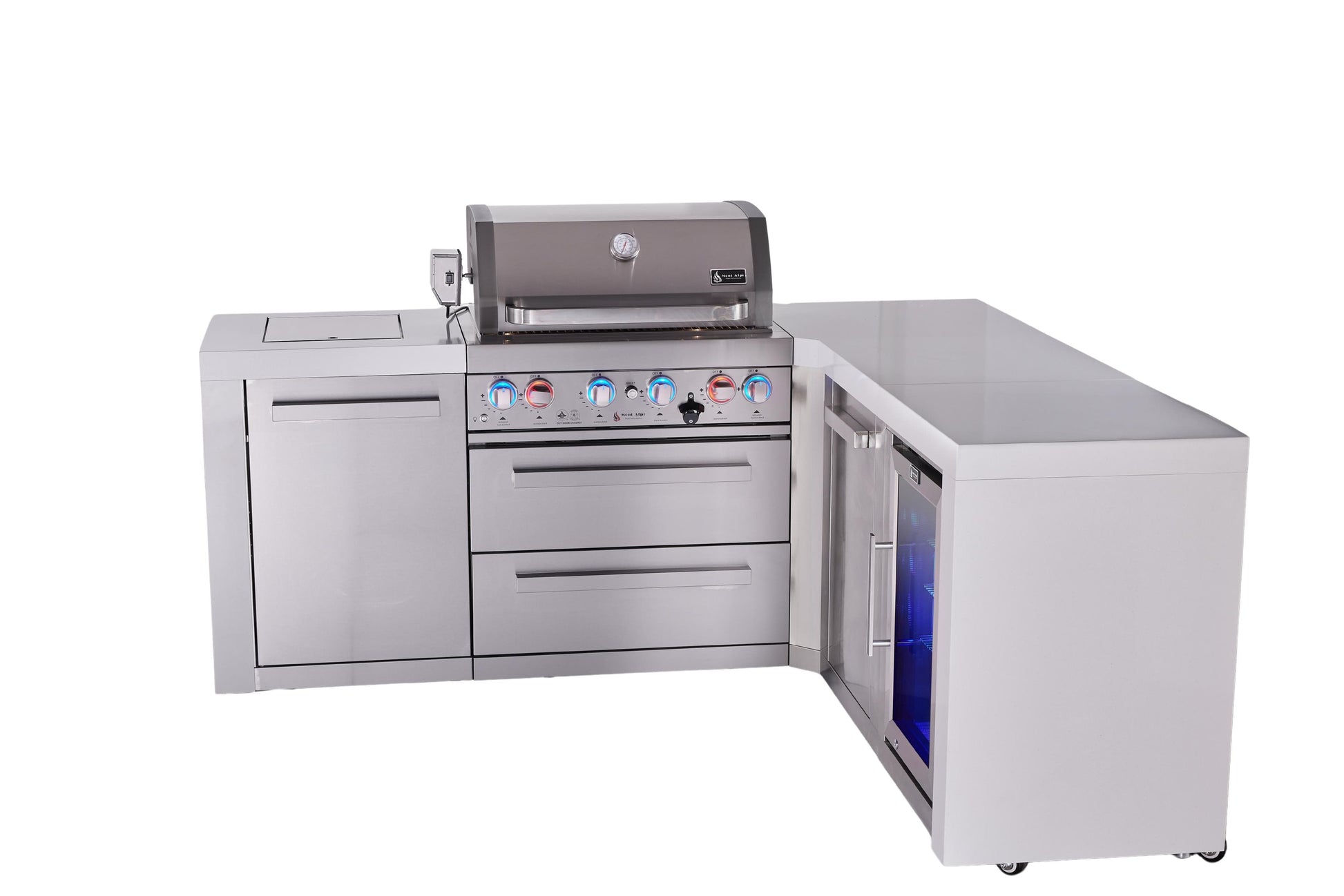 Mont Alpi Islands Mont Alpi 400 Deluxe Island with 90 Degree Corner, Fridge Cabinet and Extra Storage Cabinet | 4-Burner Grill, Fridge, Stainless Steel | MAi400-D90FCXL