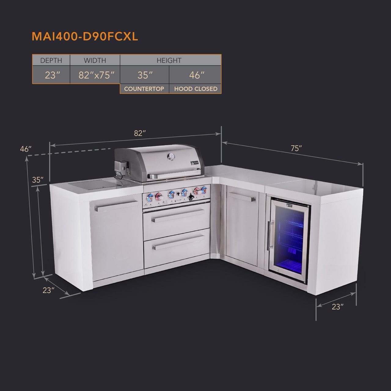 Mont Alpi Islands Mont Alpi 400 Deluxe Island with 90 Degree Corner, Fridge Cabinet and Extra Storage Cabinet | 4-Burner Grill, Fridge, Stainless Steel | MAi400-D90FCXL