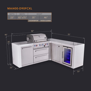 Mont Alpi Islands Mont Alpi 400 Deluxe Island with 90 Degree Corner, Fridge Cabinet and Extra Storage Cabinet | 4-Burner Grill, Fridge, Stainless Steel | MAi400-D90FCXL