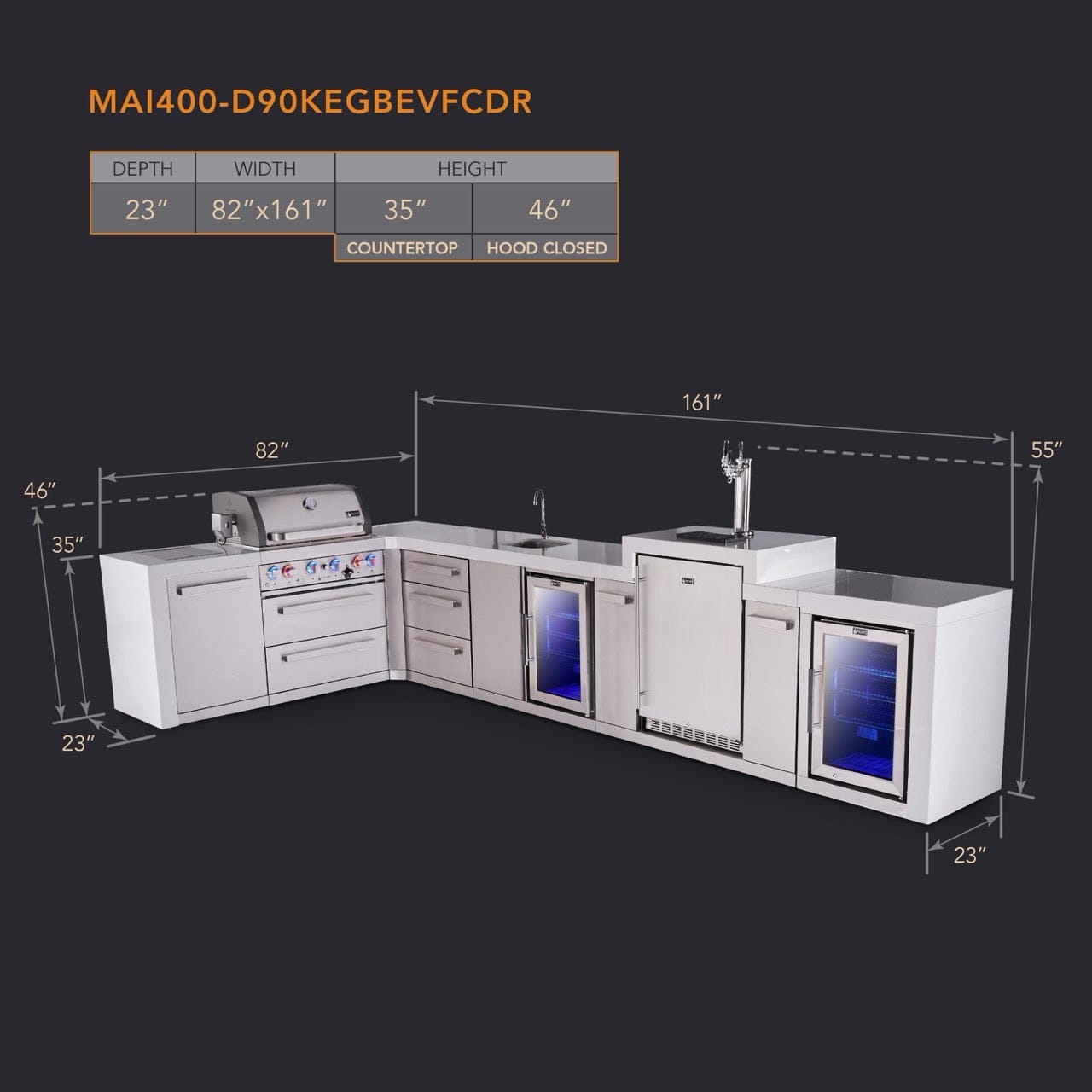 Mont Alpi Islands Mont Alpi 400 Deluxe Island with 90 Degree Corner, Kegeragor, Beverage Center, Fridge Cabinet, Drawer Cabinet | 4-Burner Grill, 3 Drawers, 3 Beer Taps, Sink, 2 Fridges, Stainless Steel | MAi400-D90KEGBEVFCDR