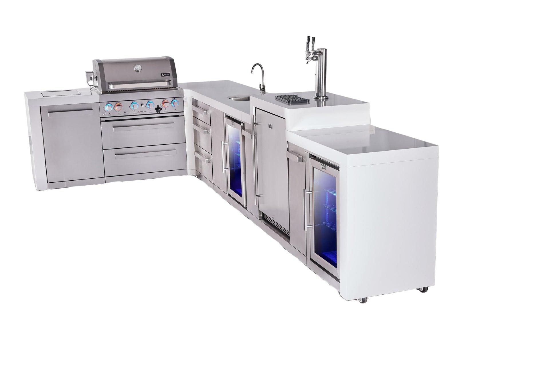 Mont Alpi Islands Mont Alpi 400 Deluxe Island with 90 Degree Corner, Kegeragor, Beverage Center, Fridge Cabinet, Drawer Cabinet | 4-Burner Grill, 3 Drawers, 3 Beer Taps, Sink, 2 Fridges, Stainless Steel | MAi400-D90KEGBEVFCDR