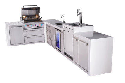 Mont Alpi Islands Mont Alpi 400 Deluxe Island with 90 Degree Corner, Kegerator, Beverage Center, and Drawer Cabinet | 4-Burner Grill, 3 Drawers, 3 Beer Taps, Sink, Fridge, Stainless Steel | MAi400-D90KEGBEVDR