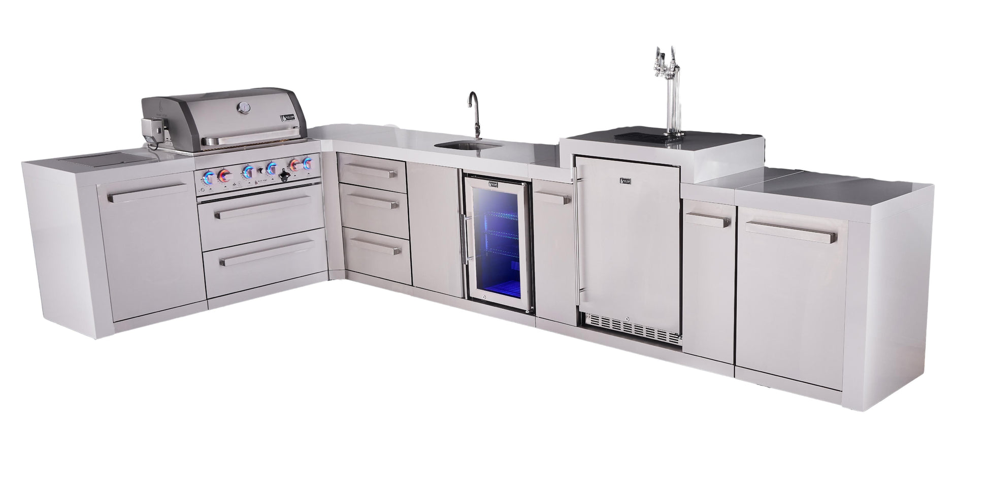 Mont Alpi Islands Mont Alpi 400 Deluxe Island with 90 Degree Corner, Kegerator, Beverage Center, and Drawer Cabinet | 4-Burner Grill, 3 Drawers, 3 Beer Taps, Sink, Fridge, Stainless Steel | MAi400-D90KEGBEVDR