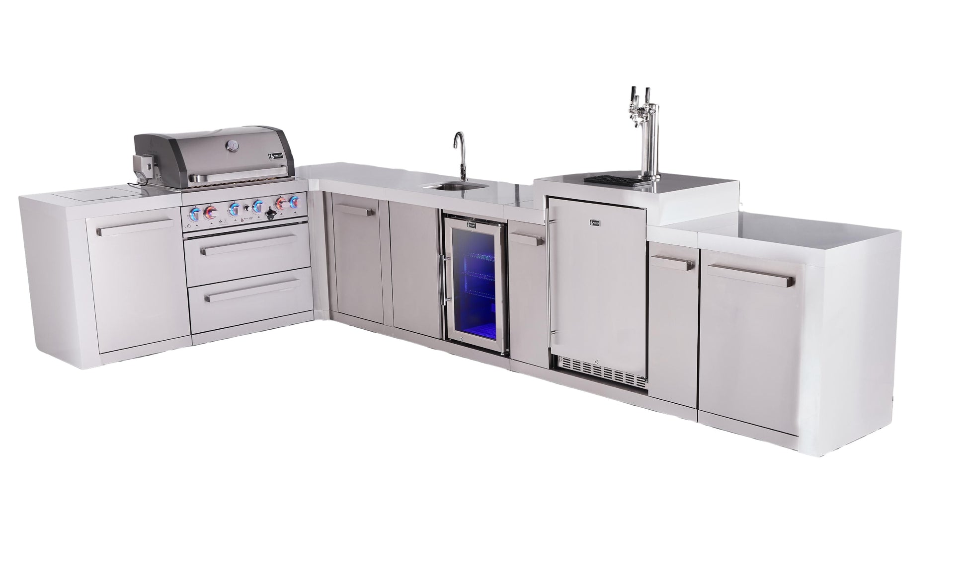 Mont Alpi Islands Mont Alpi 400 Deluxe Island with 90 Degree Corner, Kegerator, Beverage Center, and Extra Storage Cabinet | 4-Burner Grill, 3 Beer Taps, Sink, Fridge, Stainless Steel | MAi400-D90KEGBEVXL