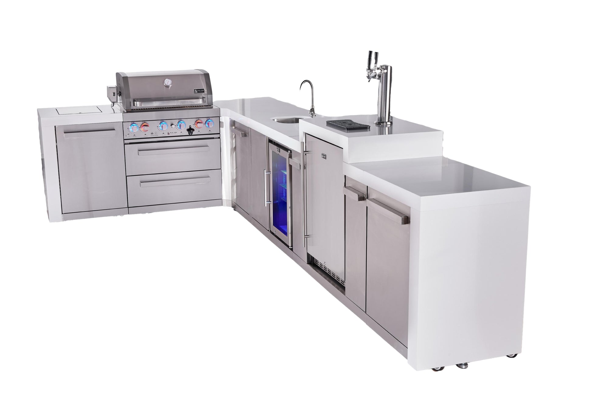 Mont Alpi Islands Mont Alpi 400 Deluxe Island with 90 Degree Corner, Kegerator, Beverage Center, and Extra Storage Cabinet | 4-Burner Grill, 3 Beer Taps, Sink, Fridge, Stainless Steel | MAi400-D90KEGBEVXL