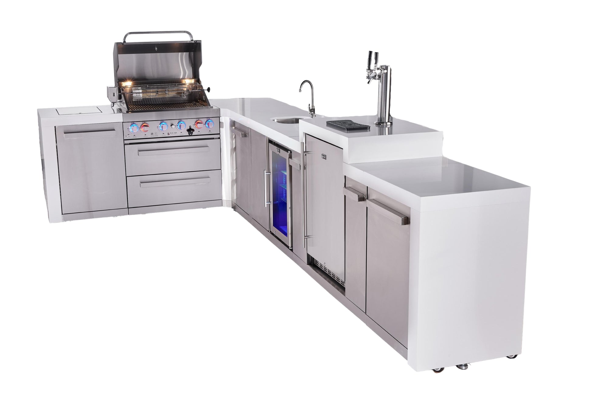Mont Alpi Islands Mont Alpi 400 Deluxe Island with 90 Degree Corner, Kegerator, Beverage Center, and Extra Storage Cabinet | 4-Burner Grill, 3 Beer Taps, Sink, Fridge, Stainless Steel | MAi400-D90KEGBEVXL