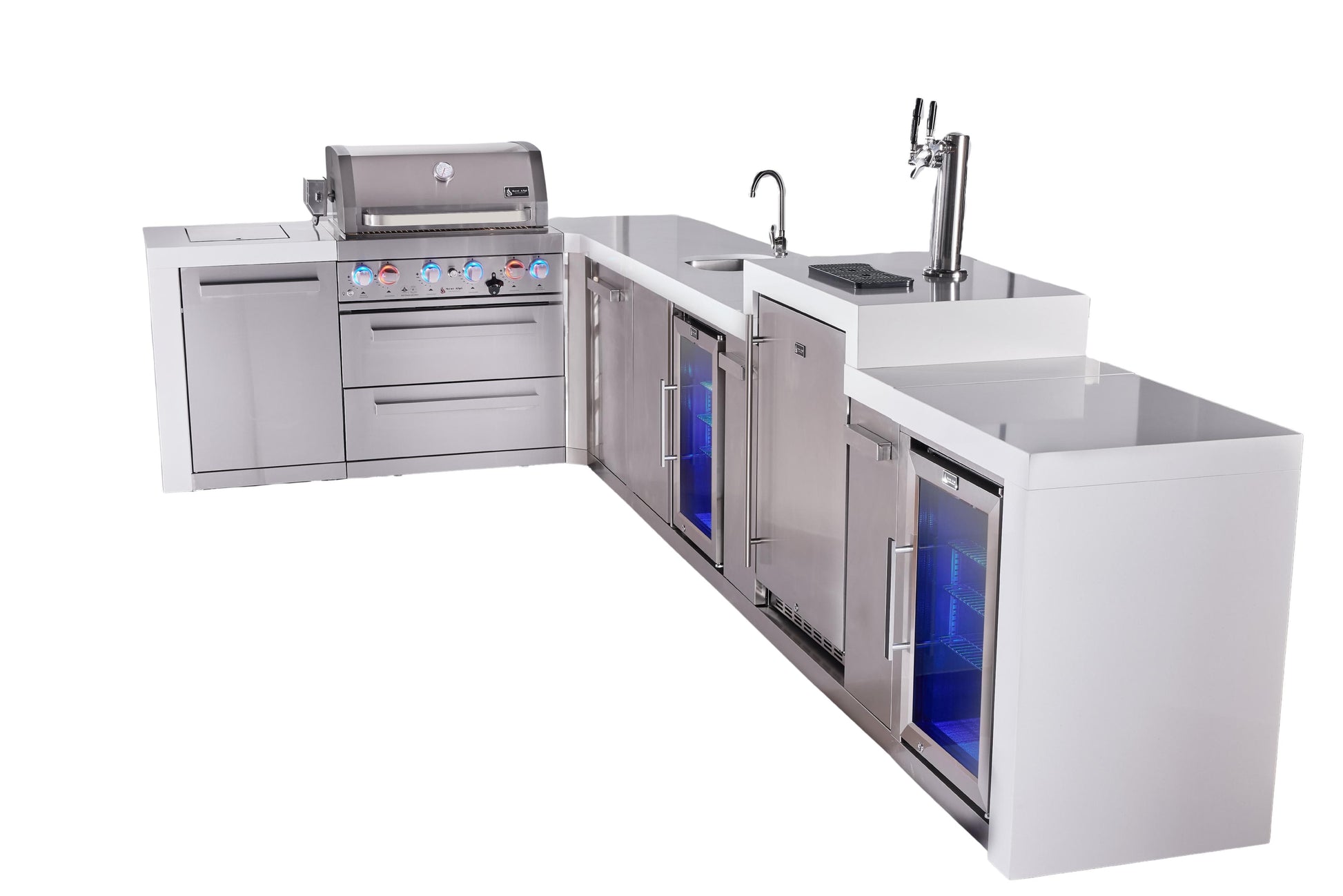 Mont Alpi Islands Mont Alpi 400 Deluxe Island with 90 Degree Corner, Kegerator, Beverage Center, Fridge Cabinet, and Extra Storage Cabinet | 4-Burner Grill, 3 Beer Taps, Sink, 2 Fridges, Stainless Steel | MAi400-D90KEGBEVFCXL