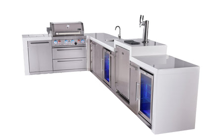 Mont Alpi Islands Mont Alpi 400 Deluxe Island with 90 Degree Corner, Kegerator, Beverage Center, Fridge Cabinet, and Extra Storage Cabinet | 4-Burner Grill, 3 Beer Taps, Sink, 2 Fridges, Stainless Steel | MAi400-D90KEGBEVFCXL