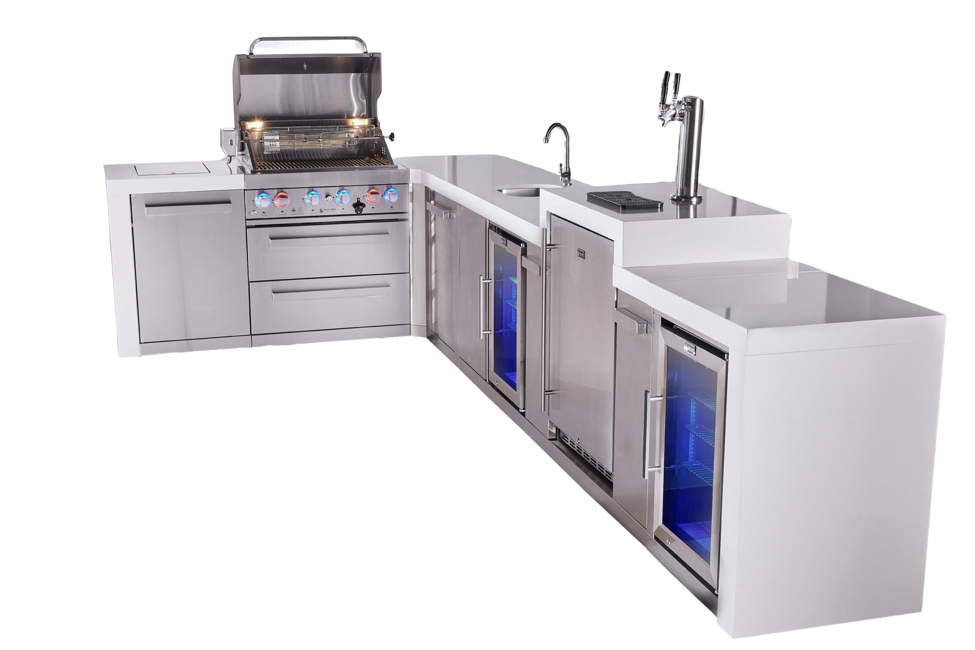 Mont Alpi Islands Mont Alpi 400 Deluxe Island with 90 Degree Corner, Kegerator, Beverage Center, Fridge Cabinet, and Extra Storage Cabinet | 4-Burner Grill, 3 Beer Taps, Sink, 2 Fridges, Stainless Steel | MAi400-D90KEGBEVFCXL