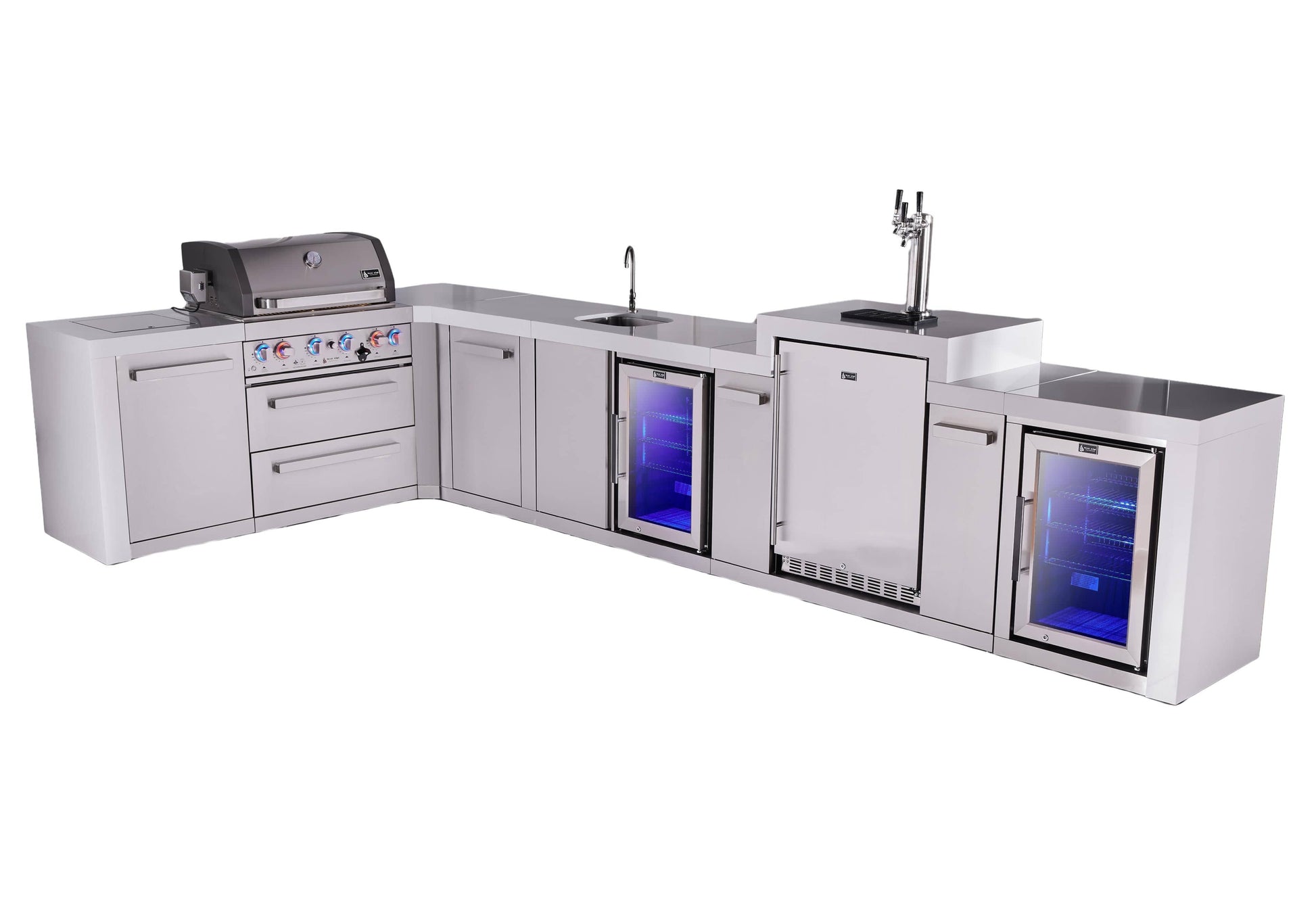 Mont Alpi Islands Mont Alpi 400 Deluxe Island with 90 Degree Corner, Kegerator, Beverage Center, Fridge Cabinet, and Extra Storage Cabinet | 4-Burner Grill, 3 Beer Taps, Sink, 2 Fridges, Stainless Steel | MAi400-D90KEGBEVFCXL