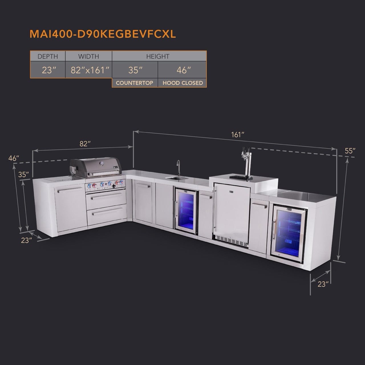 Mont Alpi Islands Mont Alpi 400 Deluxe Island with 90 Degree Corner, Kegerator, Beverage Center, Fridge Cabinet, and Extra Storage Cabinet | 4-Burner Grill, 3 Beer Taps, Sink, 2 Fridges, Stainless Steel | MAi400-D90KEGBEVFCXL