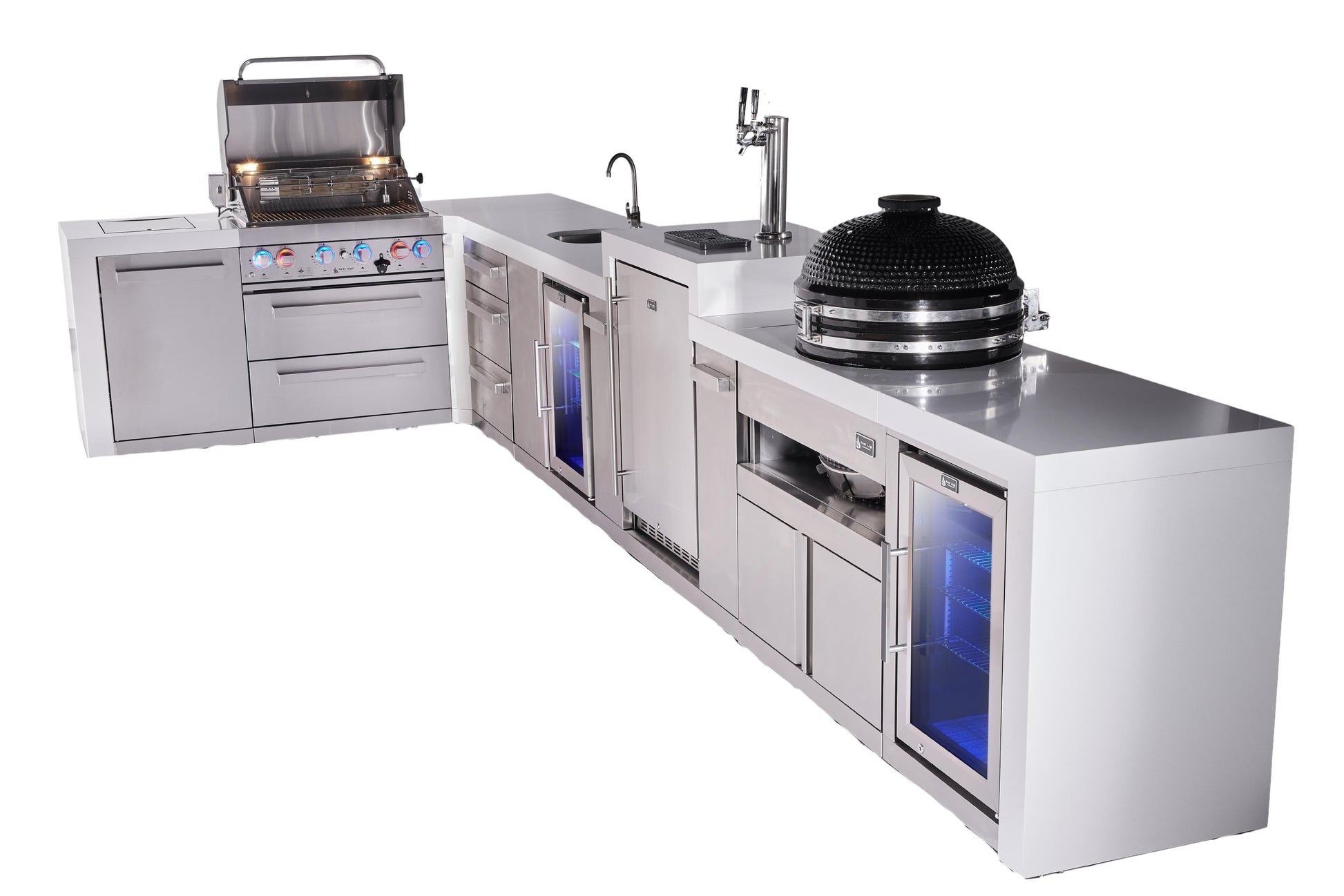Mont Alpi Islands Mont Alpi 400 Deluxe Island with 90 Degree Corner, Kegerator, Beverage Center, Fridge Cabinet, Kamado, Drawer Cabinet | 4-Burner Grill, 3 Drawers, 3 Beer Taps Sink, 2 Fridges, Stainless Steel | MAi400-D90KEGBEVFCKAMDR