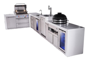 Mont Alpi Islands Mont Alpi 400 Deluxe Island with 90 Degree Corner, Kegerator, Beverage Center, Fridge Cabinet, Kamado, Drawer Cabinet | 4-Burner Grill, 3 Drawers, 3 Beer Taps Sink, 2 Fridges, Stainless Steel | MAi400-D90KEGBEVFCKAMDR