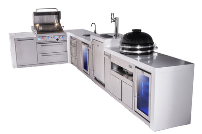 Mont Alpi Islands Mont Alpi 400 Deluxe Island with 90 Degree Corner, Kegerator, Beverage Center, Fridge Cabinet, Kamado, Drawer Cabinet | 4-Burner Grill, 3 Drawers, 3 Beer Taps Sink, 2 Fridges, Stainless Steel | MAi400-D90KEGBEVFCKAMDR