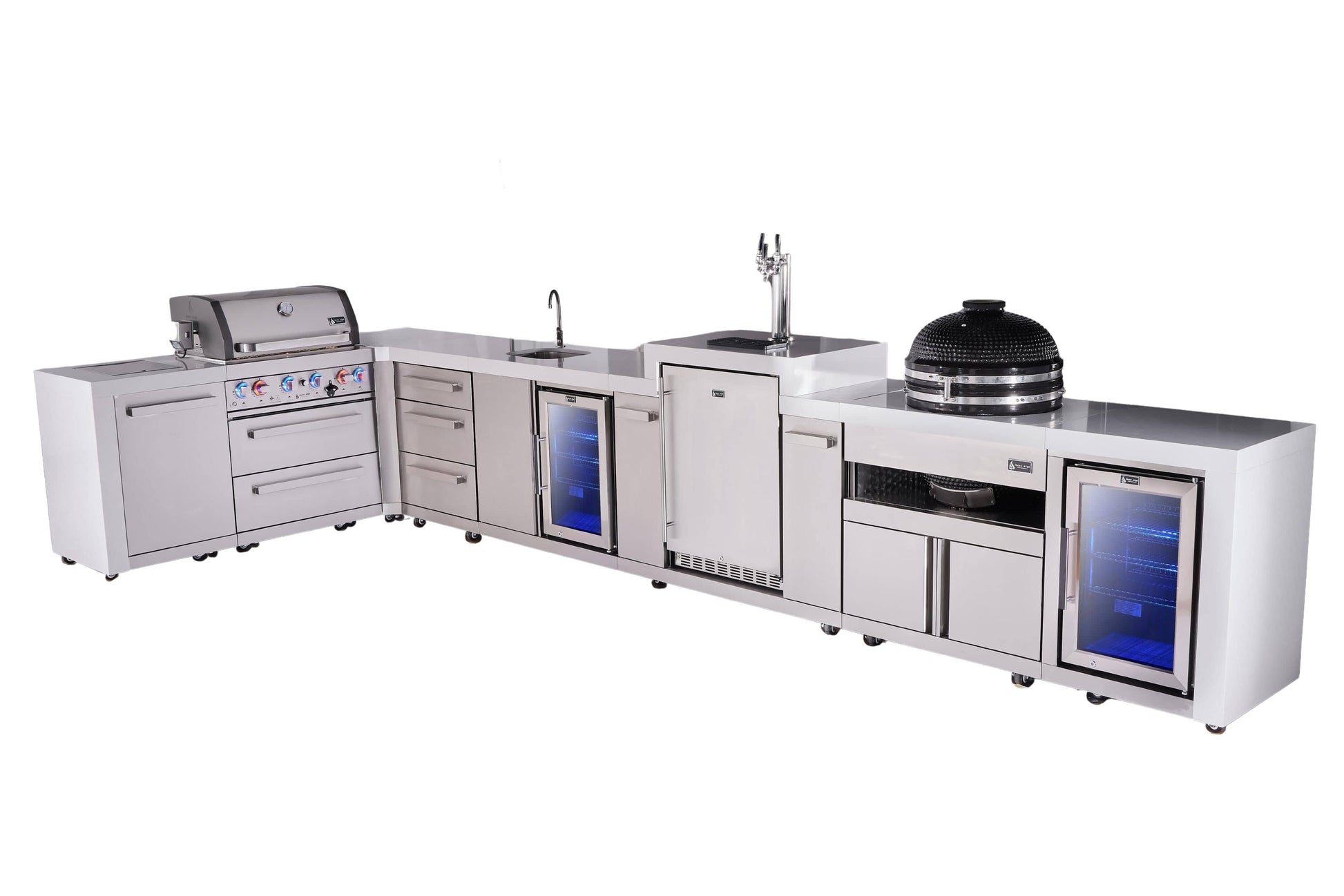 Mont Alpi Islands Mont Alpi 400 Deluxe Island with 90 Degree Corner, Kegerator, Beverage Center, Fridge Cabinet, Kamado, Drawer Cabinet | 4-Burner Grill, 3 Drawers, 3 Beer Taps Sink, 2 Fridges, Stainless Steel | MAi400-D90KEGBEVFCKAMDR