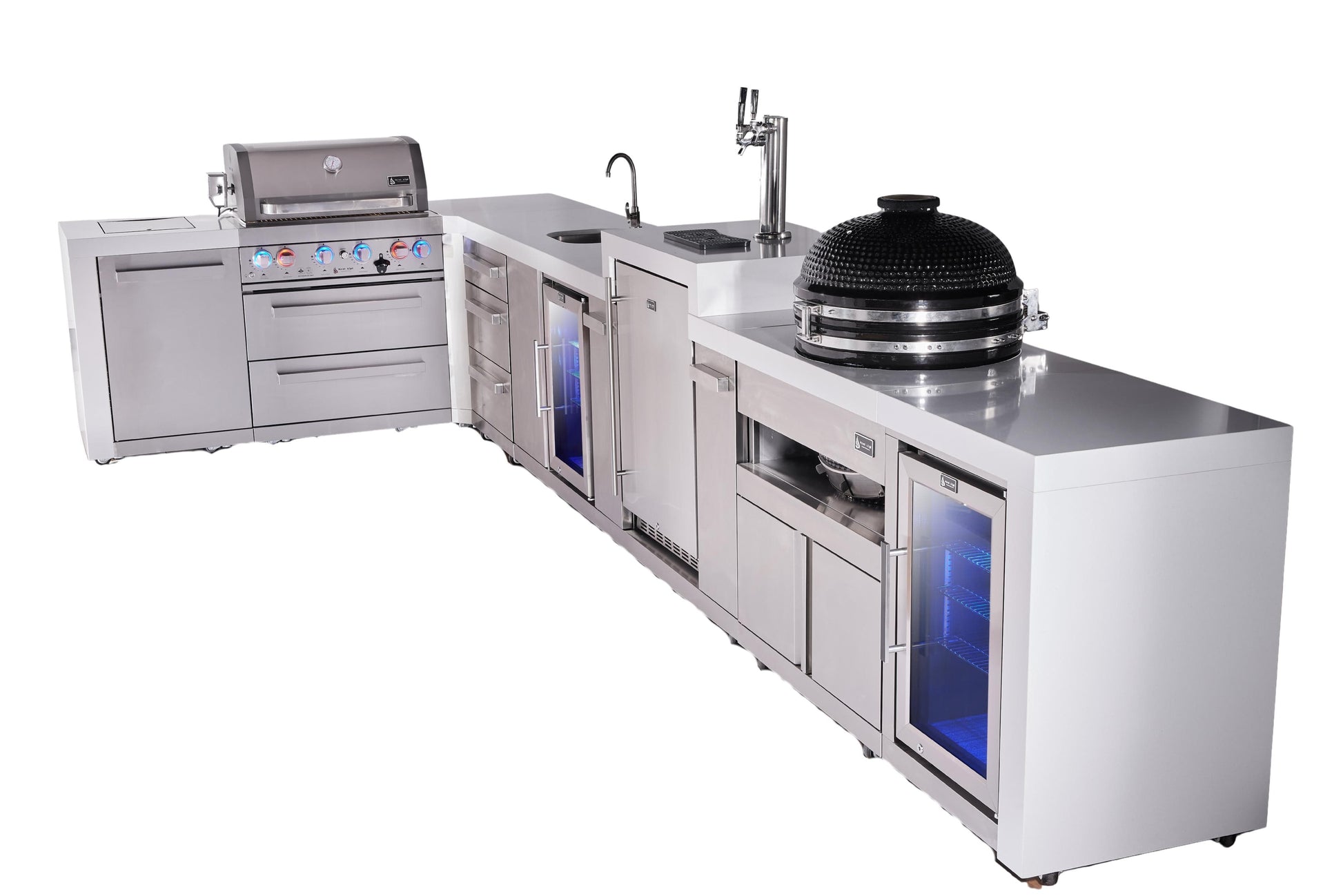 Mont Alpi Islands Mont Alpi 400 Deluxe Island with 90 Degree Corner, Kegerator, Beverage Center, Fridge Cabinet, Kamado, Drawer Cabinet | 4-Burner Grill, 3 Drawers, 3 Beer Taps Sink, 2 Fridges, Stainless Steel | MAi400-D90KEGBEVFCKAMDR