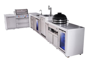 Mont Alpi Islands Mont Alpi 400 Deluxe Island with 90 Degree Corner, Kegerator, Beverage Center, Fridge Cabinet, Kamado, Drawer Cabinet | 4-Burner Grill, 3 Drawers, 3 Beer Taps Sink, 2 Fridges, Stainless Steel | MAi400-D90KEGBEVFCKAMDR
