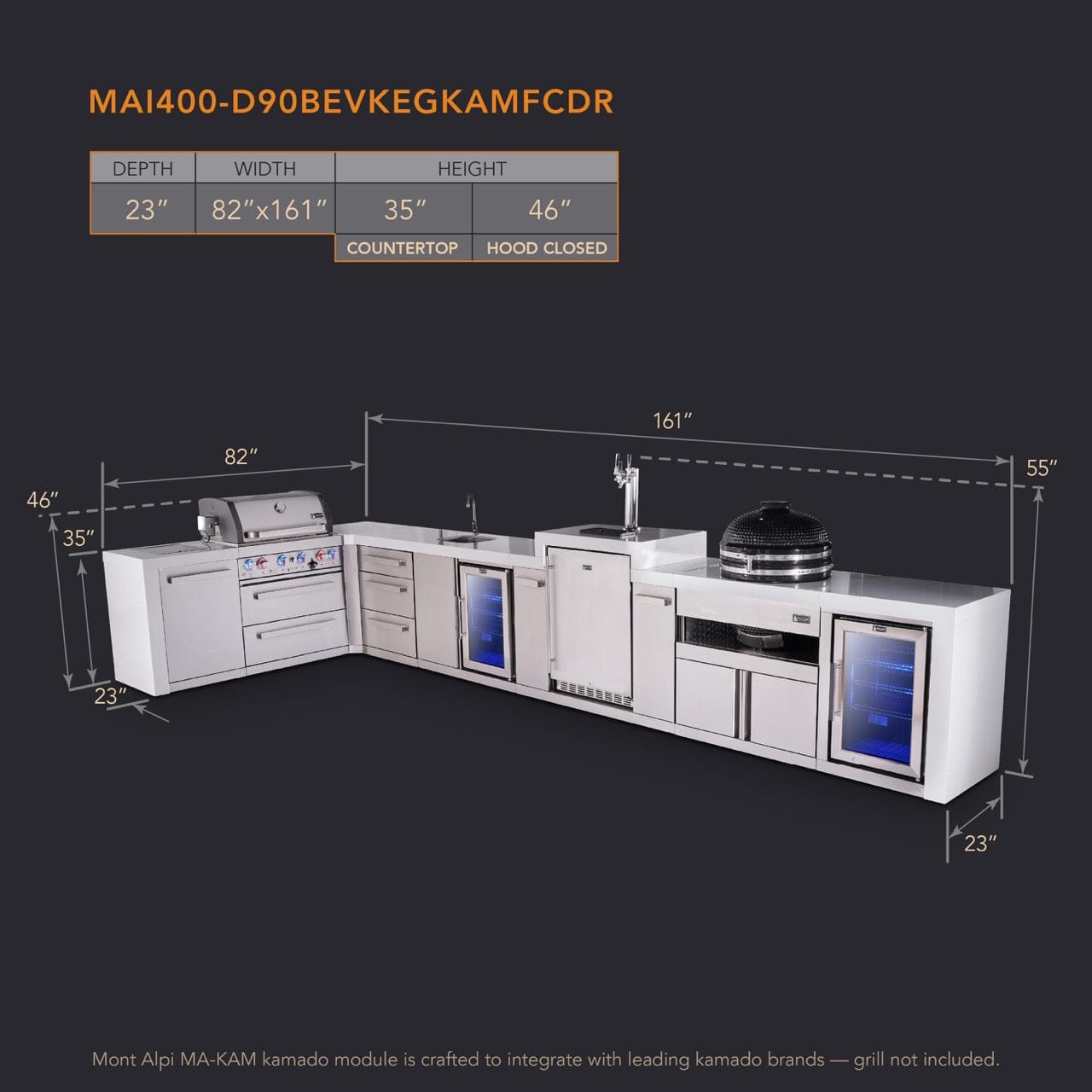 Mont Alpi Islands Mont Alpi 400 Deluxe Island with 90 Degree Corner, Kegerator, Beverage Center, Fridge Cabinet, Kamado, Drawer Cabinet | 4-Burner Grill, 3 Drawers, 3 Beer Taps Sink, 2 Fridges, Stainless Steel | MAi400-D90KEGBEVFCKAMDR