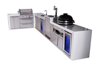 Mont Alpi Islands Mont Alpi 400 Deluxe Island with 90 Degree Corner, Kegerator, Beverage Center, Fridge Cabinet, Kamado Grill, and Extra Storage Cabinet | 4-Burner Grill, 3 Beer Taps, Sink, 2 Fridges, Stainless Steel | MAi400-D90KEGBEVFCKAMXL
