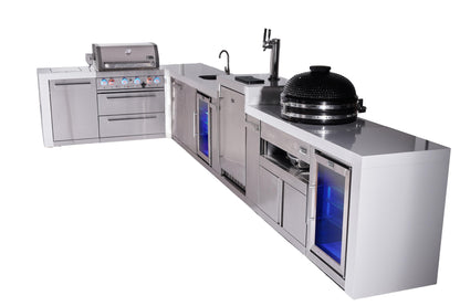 Mont Alpi Islands Mont Alpi 400 Deluxe Island with 90 Degree Corner, Kegerator, Beverage Center, Fridge Cabinet, Kamado Grill, and Extra Storage Cabinet | 4-Burner Grill, 3 Beer Taps, Sink, 2 Fridges, Stainless Steel | MAi400-D90KEGBEVFCKAMXL
