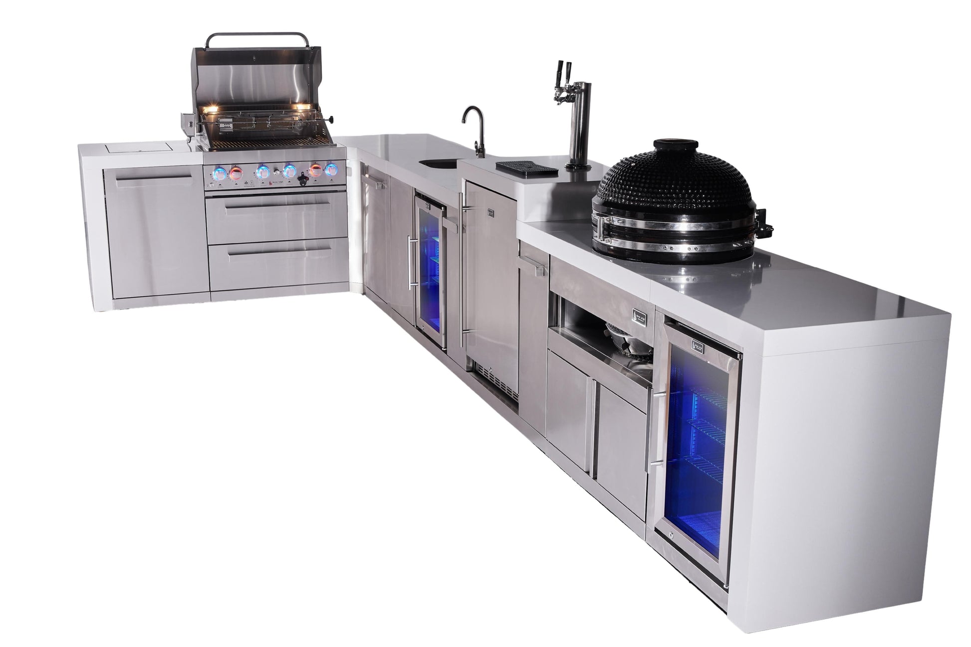 Mont Alpi Islands Mont Alpi 400 Deluxe Island with 90 Degree Corner, Kegerator, Beverage Center, Fridge Cabinet, Kamado Grill, and Extra Storage Cabinet | 4-Burner Grill, 3 Beer Taps, Sink, 2 Fridges, Stainless Steel | MAi400-D90KEGBEVFCKAMXL