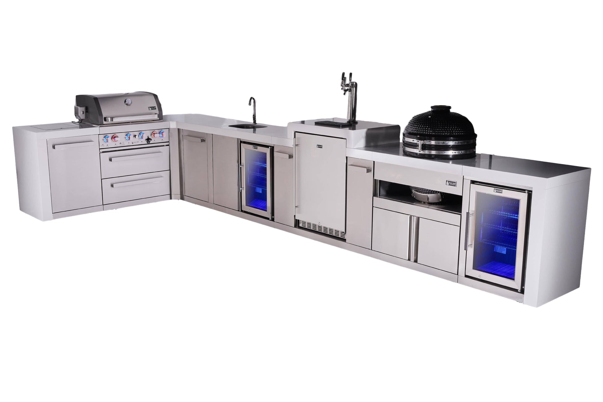 Mont Alpi Islands Mont Alpi 400 Deluxe Island with 90 Degree Corner, Kegerator, Beverage Center, Fridge Cabinet, Kamado Grill, and Extra Storage Cabinet | 4-Burner Grill, 3 Beer Taps, Sink, 2 Fridges, Stainless Steel | MAi400-D90KEGBEVFCKAMXL