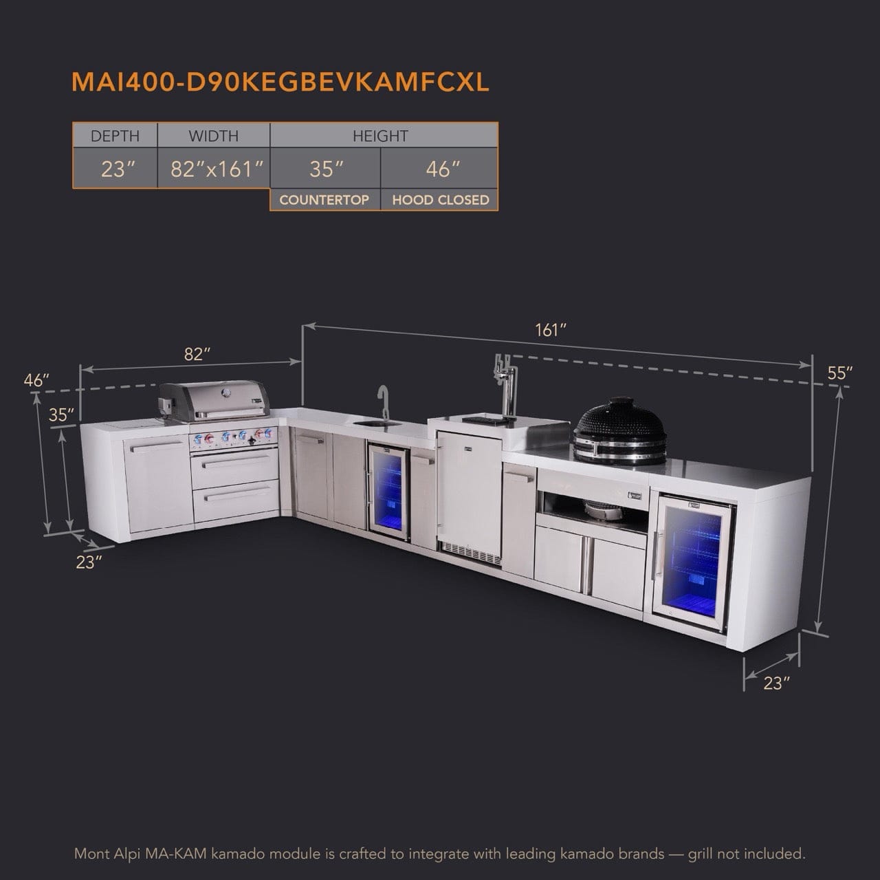 Mont Alpi Islands Mont Alpi 400 Deluxe Island with 90 Degree Corner, Kegerator, Beverage Center, Fridge Cabinet, Kamado Grill, and Extra Storage Cabinet | 4-Burner Grill, 3 Beer Taps, Sink, 2 Fridges, Stainless Steel | MAi400-D90KEGBEVFCKAMXL